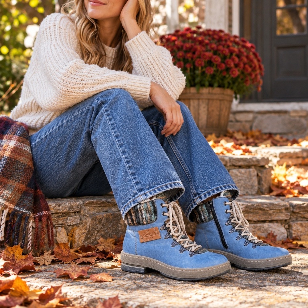 Rieker Ankle Boots Lace Up Side Zip Plaid Knit Cuff Blue Women's EU 39 US 8-8.5